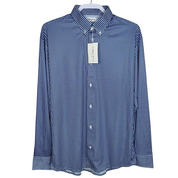 Collars & Co Polo Shirt Mens L Blue Gingham Quattro Long Sleeve Button Down NWT